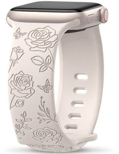 Yoohoo Floral Engraved Straps Compatible with Apple Watch Straps 38mm 40mm 41mm 42mm(Series 10) for Women,Cute Flower iWatch Bands Soft Silicone Sport Strap for iWatch Series SE 10 9 8 7 6 5 4 3 2 1