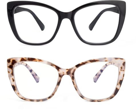 SKYWAY 2er-Pack Übergröße Lesebrille Damen, Groß Mode Quadratische Cat Eye Blaulicht Blockierende Computerbrille mit Sehstärke (Schwarz/Weißes Schildpatt,2.5)