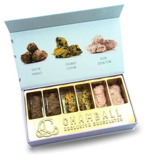 6 Trufas de Chocolate Belga Artesano: Chocolate con Mango, Fresa y Naranja, Rocas de Chocolate ideal para Disfrutar y Regalar, Caja regalo Chocolate con Trufas Magicas - Chocolate box CHAMBALL