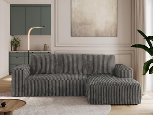 MKS MEBLE Sofa mit Schlaffunktion - Ecksofa mit Schlaffunktion und Bettkasten - Sofa 3 Sitzer - Schlafsofa - Couch - Schlafsofa mit Bettkasten - Trentino L - Dunkelgrau Cord - Rechts