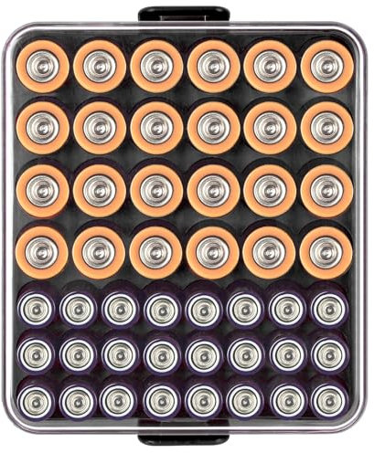 Battery Organiser Storage Case, Battery Vault Box Container for 48pcs AA AAA Batteries, Plastic Clear Protective Battery Holder for Travel/Home/Office (Black, M)