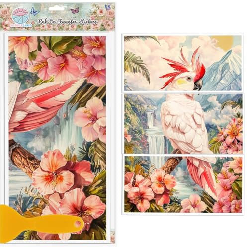 GLOBLELAND 3 Stück Möbeltransfer Mit Tropischen Vögeln 6x12 Zoll Fantasie Papageien Grüne Pflanzen Zum Aufreiben UV Selbstklebende Aufkleber Wandkunst Basteln Für Möbel Zimmer Schreibtisch Tisch