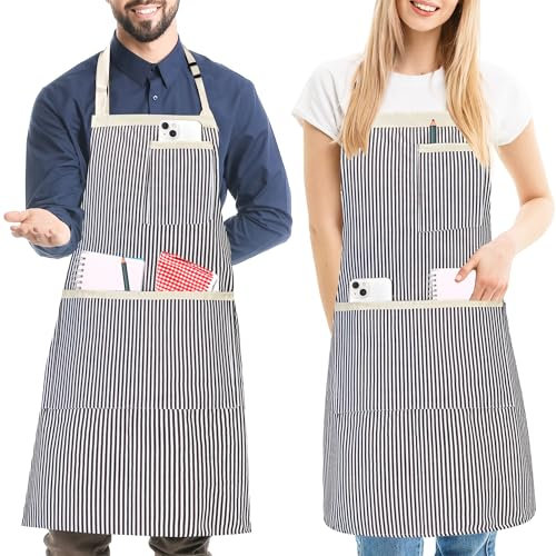 FunChaos 2 Piezas Delantales de Cocina A Rayas para Hombres y Mujeres, Delantal Ajustable con 3 Bolsillos, Chef Delantales para Barbacoa, Horneado, Jardinería, Restaurante, Blanco