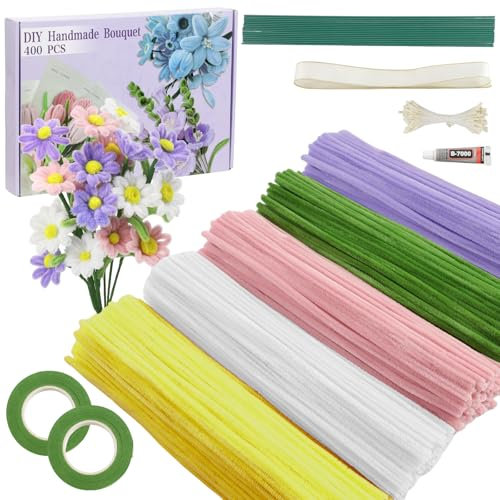 Galerie SV Pfeifenputzer zum Basteln Set, 400 Stück Pfeifenreiniger 5 Farben Blumenstrauß Pfeifenreiniger Blumen mit Geschenkband, Klebeband, Staubblätter für DIY Geschenke und Dekorieren