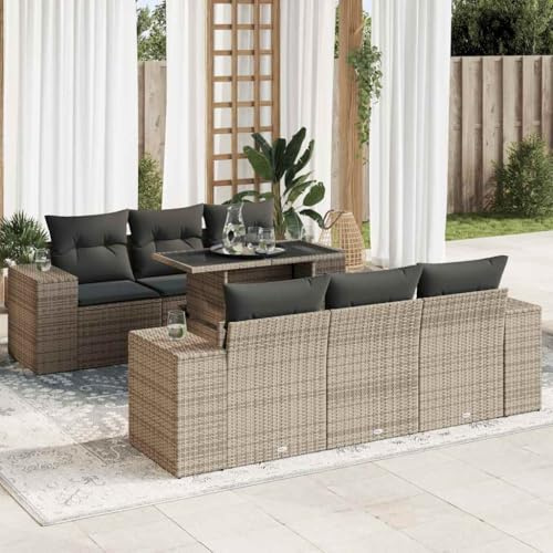 IKAYAA 7-TLG Polyrattan Lounge mit Verstellbare Gartentisch, Gartenlounge XXL mit Stauraum Gartenlounge Outdoor Terrassenmöbel außen Polyrattan Gartenmöbel Set Ecklounge Grau
