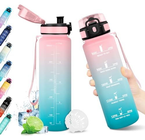 Gourde Motivation 500ml, Gourde avec Filtre et Marqueur de Temps, Gourde Sport Réutilisable, Bouteille d'eau Étanche, Gourde sans BPA, Gourde Sport pour Enfant, Fitness, Yoga, Bureau, Randonnée