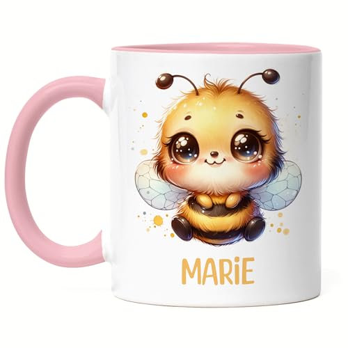 Kiddle-Design Kindertasse mit Namen Personalisiert, Personalisierte Tasse Kinder mit Biene, Namenstasse Bienetasse, Kinderbecher als Geschenk zur Taufe, Geburt Weihnachten - Tasse Rosa