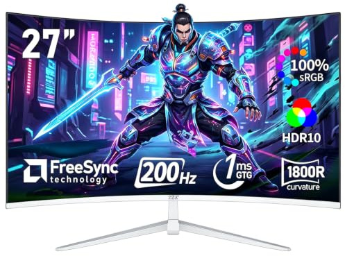 ZZA - 27 Curved Gaming Monitor, Full HD Display (1920x1080P), 1800R VA Panel, 200Hz CP Display, 100% sRGB, 3-Sided Frameless, Flicker Free, Blue Light Filter