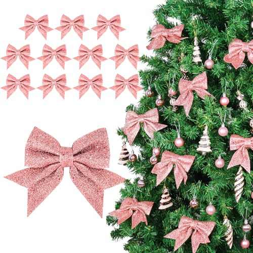 YuleNova 12PCS Christmas Bows for Tree Wreath Decorations, 5 Inch Glitter Christmas Wreath Bow Sequin Bow, Pink Bows