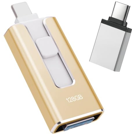 USB Stick 128GB for iPhone, [MFi-certified] 4-in-1 Flash Drive for iphone, Photo Stick for iPhone/iPad/Android/PC, Without App USB 3.0 High-Speed Lightnning Memory Stick Transfer Photos Videos, Gold