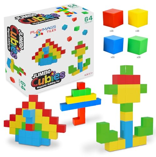 Playmags Jumbo-Magnetwürfel-Set, 64-teilig – Große 5,08 cm große Bausteine für jüngere Kinder – Robuste Magnetbausteine, sensorische Rasselwürfel – STEM-Lernspielzeug zur Förderung der Motorik