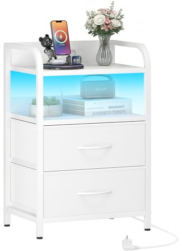 HOOBRO Table de Chevet avec 2 Tiroirs, Table d’Appoint avec Station de Recharge 1 AC, 1 USB-A, 1 Type-C, Bande LED Réglable, Structure Métallique, pour Chambre, Salon, Bureau, Blanc EWT021CDBZ01N1