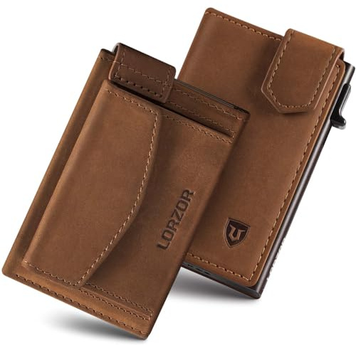LORZOR Card Holder Magnetic Closure with XXL Coin Pocket, Card Wallet Slim in Genuine Leather, RFID Wallet Small Minimalist Design, Smart Wallets Men for 10 Cards with Banknote Compartment, Gift