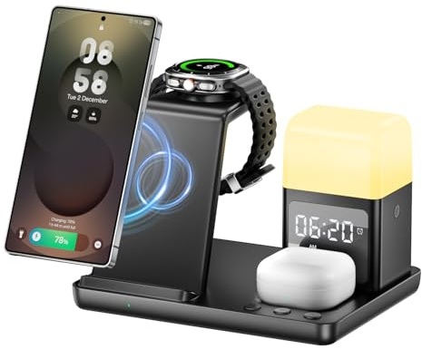 6 in 1 Inductive Charging Dock, 15W Wireless Charger with Alarm Clock and Night Light, Wireless Charger Compatible with Galaxy S25/24/Galaxy Buds3/Galaxy Watch, Phone 16/15/EarPods4/3