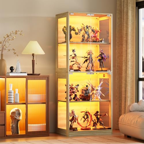 MSFE Glas Vitrinenschrank mit LED, Schaukasten Vitrine mit Intelligente Sensorik, 4 Lagen Glasvitrine Staubdicht, Sammlervitrine Holzfarbe, für Wohnzimmer,Schlafzimmer, Büro,Jede Schicht trägt 15 kg