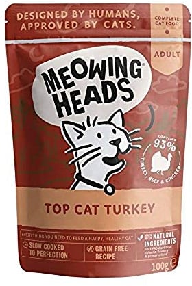 Meowing Heads Wet Cat Food - Top-Cat Turkey - 93% Natural Turkey, Chicken & Beef Pouches with No Artificial Flavours, Grain-Free Recipe (10 x 100g)