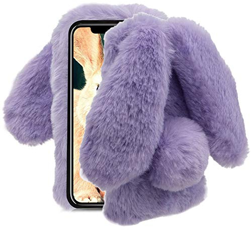 for iPhone Xs/X 5.8 inch Case, Aearl Rabbit Fur Ball Case,Luxury Cute 3D Homemade Diamond Winter Warm Soft Furry Fluffy Fuzzy Bunny Ear Plush Purple Phone Case Cover for Girls Women
