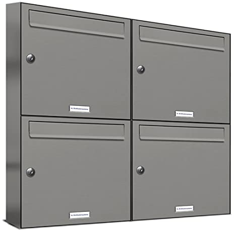 AL Briefkastensysteme 4er Briefkastenanlage Aluminiumgrau RAL 9007, Premium Briefkasten DIN A4, 4 Fach Postkasten modern Aufputz