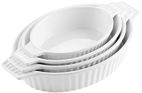 MALACASA, Serie Bake.Bake, 4 teilig Set Porzellan Backform Kuchenform Brotbackform Back Schale Auflaufform Ofenform Teller Suppenteller in 4 Größe Weiß1