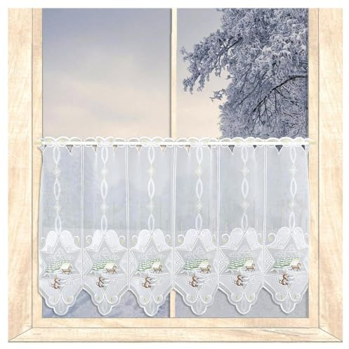 Winter-Scheibengardine Futterkrippe mit Hase HxB 55x64 cm | Hochwertiger halbtransparenter Kurzstore, Vogtländische Stickerei Weiß-Braun-Grün-Gold, atelier alles-Spitze