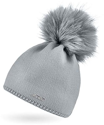 Neverless® Damen Strickmütze Strick-Beanie mit Bommel Winter-Mütze Bommelmütze Feinstrick Hellgrau