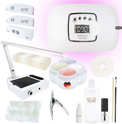 ND24 NailDesign – Gelnägel Starter Set Studio Plus mit Haftgel, Aufbaugel, Frenchgel, Versiegelungsgel, LED-Lampe, Studio-Elektronik & Zubehör – Komplettset für Anfänger & Profis – Gel Made in Germany