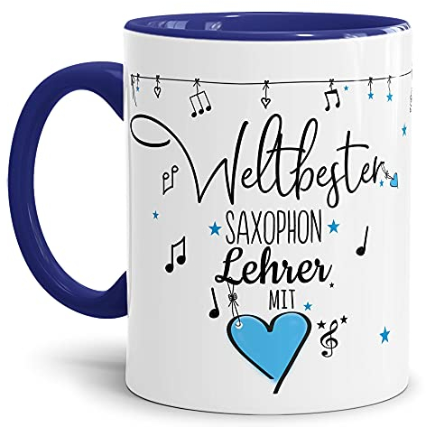 Berufe Tasse - Weltbester Saxophon Lehrer - Geschenk für den weltbesten Musiklehrer, Musikunterricht, Lehrer - Keramik Innen & Henkel Dunkelblau, 300 ml I Saxophon