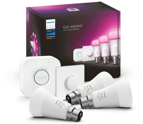 Philips Hue White & Colour Ambiance Starter Kit: Smart Bulb 3X Pack LED [B22] incl. Bridge and Smart Button - 1100 Lumen (EU)