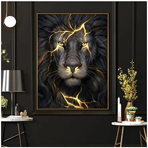 DIYIHUA Grande taille Lion sauvage affiche noir doré animaux toile peintures sur le mur Art imprime image pour salon intérieur décor à la maison, 50x70cm(20x28in)