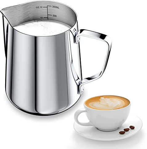 Newaner 350ml Milchkännchen zum Milchaufschäumen 304 Edelstahl, Milchkanne mit Messung Mark 12oz Barista, Milch Pitcher Cappuccino, Espresso, Latte Art, Perfekt für Kaffeeliebhabe, Silber