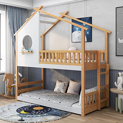 FEZTOY Etagenbett mit Treppe & Fenster 200x90cm, Kinderbett Hochbett mit Rausfallschutz und Lattenrost, Kiefernholz Spielbett für Jungen & Mädchen - Ohne Matratze (Weiß)