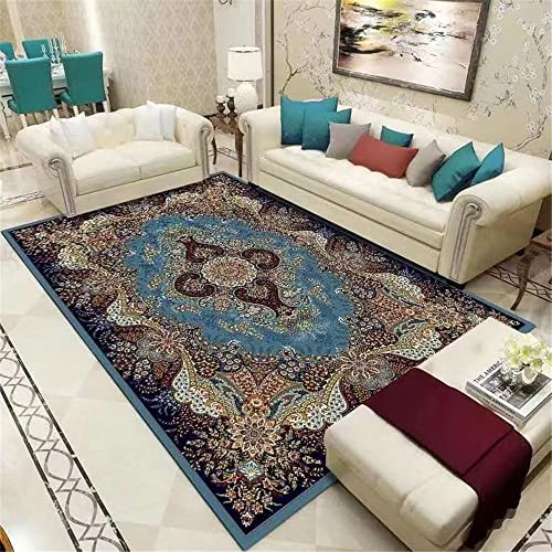 XXL Teppich Teppich Bürostuhl Geeignet Teppich Salon Dunkelblau Geometrisch Blumen Vintage Muster Teppich Büro Feuchtigkeit Blau 200X300Cm Outdoor Teppiche Wetterfest 6Ft 6.7''X9Ft 10.1''