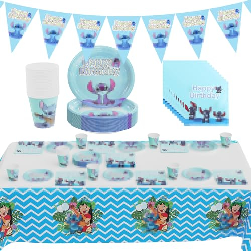 Vaisselle de Fête, Kit de Fête d'anniversaire 62 Pièces, Tasse, Nappe, Assiette, Serviette Papier, Fanion, Soirée à Thème, Fournitures de Fête d'enfants