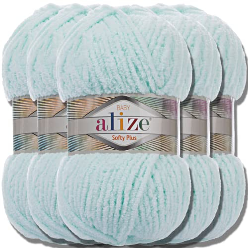 Alize 5x 100g Softy Plus türkische Wolle Super Bulky Chenillegarn Babywolle Handstrickgarn ohne Nadel zum häkeln weiches Chenille-Garn XXL-Knäuel für Amigurumi (Water Green | 15)