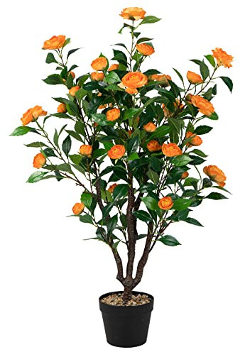 COSTWAY Camelia Plantas Artificiales Decorativas, Camelia de Imitación con 37 Flores Amarillas, Tronco Natural, Guijarros, Plantas Naturales Interior en Maceta para Hogar Oficina (Naranja)