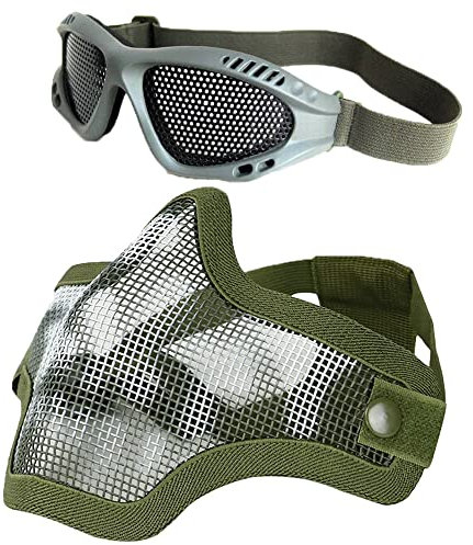 Juego de máscara y gafas tácticas para Airsoft, máscara de malla de calavera de media cara con lentes de airsoft para juegos CS al aire libre y caza (verde)