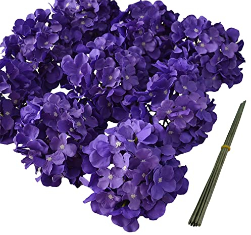 10 Stück dunkelviolette Hortensien, künstliche Hortensien, Seidenblumen, Kopf mit Stiel, Hortensien für Braut, Hochzeit, Babyparty, Zuhause, Party-Dekoration (Dunkelviolett)
