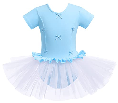 Ballettkleidung Mädchen Turnanzug Gymnastikanzug Tanzkleid Ballettanzug Kinder Ballerina Kostüm Baumwolle Kurzarm Kleid Turnbody Tütü Rock Ballett Trikot Tanzoutfit Balletttrikot Blau 10-11 Jahre