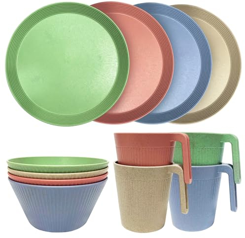 Hobein Plastic Dinnerware Sets of 12 Pieces, Camping Tableware, Lightweight Plates, Bowls and Mugs, Easy to Carry and Clean Microwave& Dishwasher Safe, Service for 4,Colorful