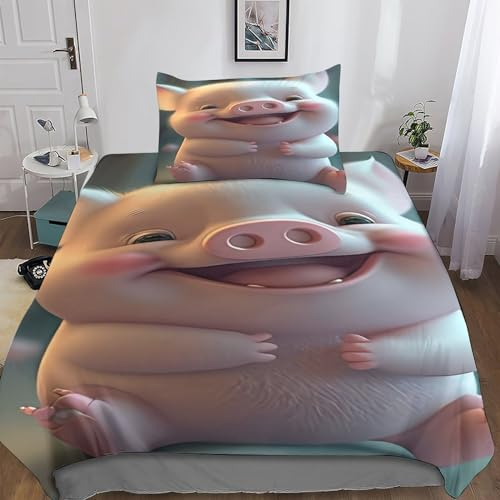 Rochile Niedliches Schweinchen Bettwäsche 3D Bettbezug Set Bettwäsche Set 2 Teilig Bettbezüge Mikrofaser Bettbezug Mit Reißverschluss Und Kissenbezug Single(135x200cm)