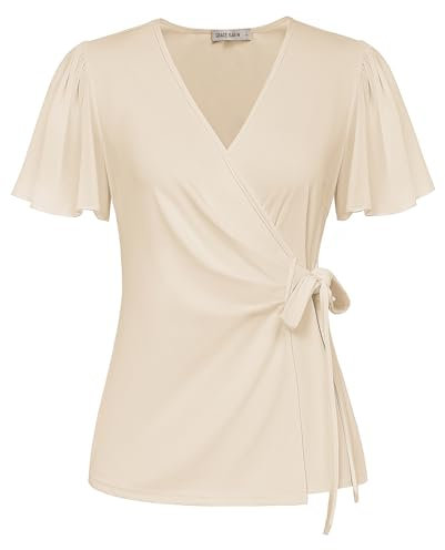 GRACE KARIN Femme Cache-Cœur d'Été Col V Blouse à Taille Marquée à Manches Courtes Chemisier Femme avec Lien à la Taille L Beige