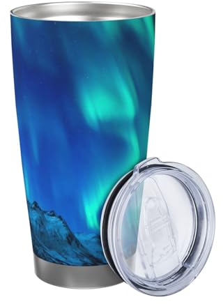 ZaKhs Trinkbecher mit Nordlicht-Aufdruck, 590 ml, mit Deckel und Strohhalm, Edelstahl-Kaffeetasse, isolierter Reisebecher für Damen und Herren