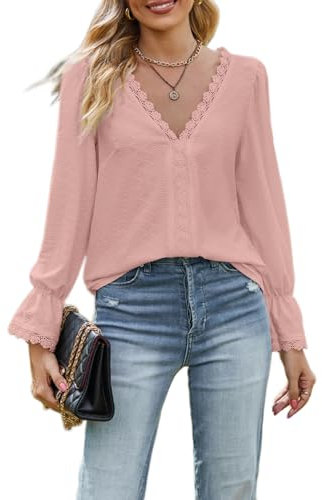 HUXRAKV Chemise Décontractée pour Femmes Élégant T-Shirts à Manches Longues col en V Dentelle Patchwork Printemps l'automne Chemisier en Maille Jacquard Top d'affaires Habillé,A-Rose,S