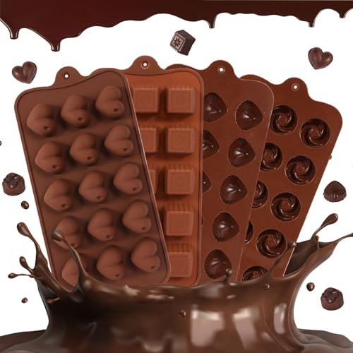 4*Braun Pralinenform Silikon Antihaftbeschichtung, Schokoladenform Ohne BPA Lebensmittelqualität, Schokolade Form Set für Quadrate, Muscheln, Wirbelblumen, Herzform mit 1*Butterspatel, 2*Tropfer