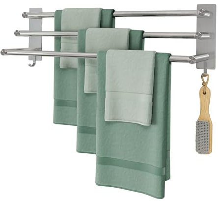 JS Handtuchhalter Ohne Bohren SUS304 Edelstahl Handtuchstange Wand 3 Stangen Handtuchregal mit 2 Haken, Multifunktional Badehandtuchhalter Badezimmer Selbstklebend Bad Küche,60CM