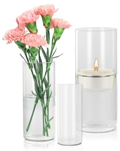 3 Pcs Jarrón Cristal Grande, 6,5x15cm+8,5x20cm+9,5x25cm, Florero Decorativos Modernos, Jarrón Cilíndrico de Vidrio, Portavelas Decoracion, Jarrón Transparente Flores Velas, Espesado (15/20/25cm)