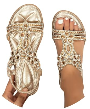 Sandalen Damen Sommer Leichte Sommerschuhe Damen Elegante Sandaletten Flache Strass Boho Strandschuhe Damenschuhe Bequem Weichen Sohlen Glitzer Flip Flops Gummiband Slingback Sandalen Mädchen Sandals