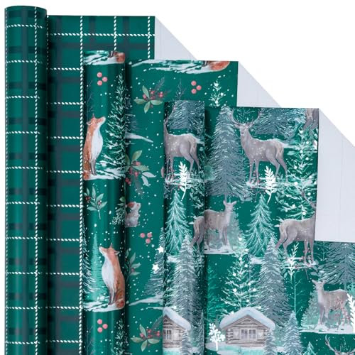 Holijolly Weihnachten Geschenkpapier Rolle - Mini Rolle - 3 Rollen - 17 Zoll X 120 Zoll pro Rolle - Fuchs,Hirsch&Chrismas Tress,Grün Plaid Kollektion