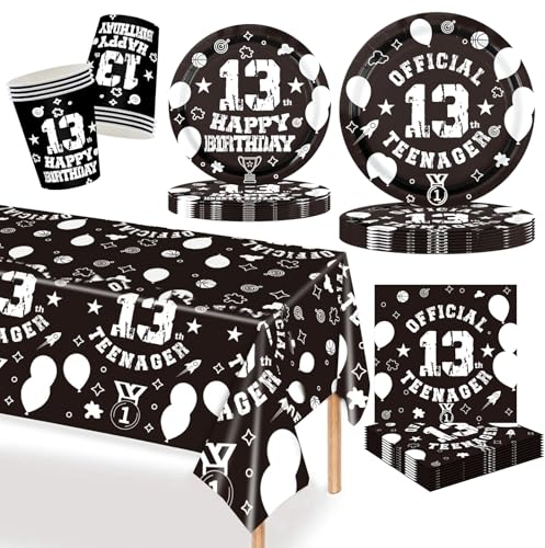 MORAINJAY 69Pcs 13th Birthday Tableware Black Silver Set,13th Paper Plates, Cups, Napkins, for Teenager Birthday Party Table Decoration Supplies (16 Guests)