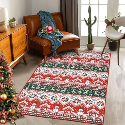 LuxFocus Grande tappeto natalizio bohémien, lavabile in lavatrice, con albero di Natale, alce e fiocchi di neve, per soggiorno, camera da letto, cucina, sala da pranzo, 140 x 200 cm